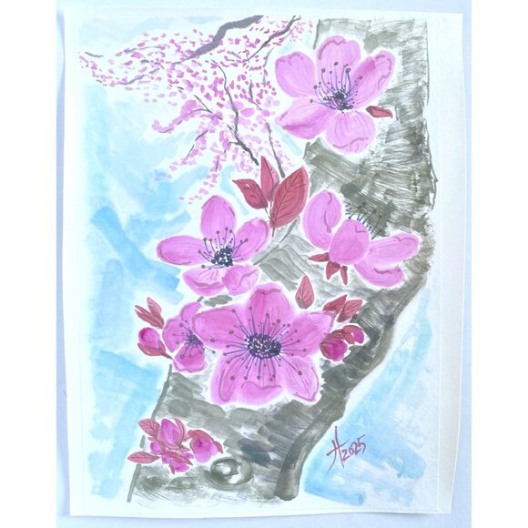 Art Original Sakura on a Trunk Flower Watercolor Painting 11x14in Matted - Picture 13 of 13